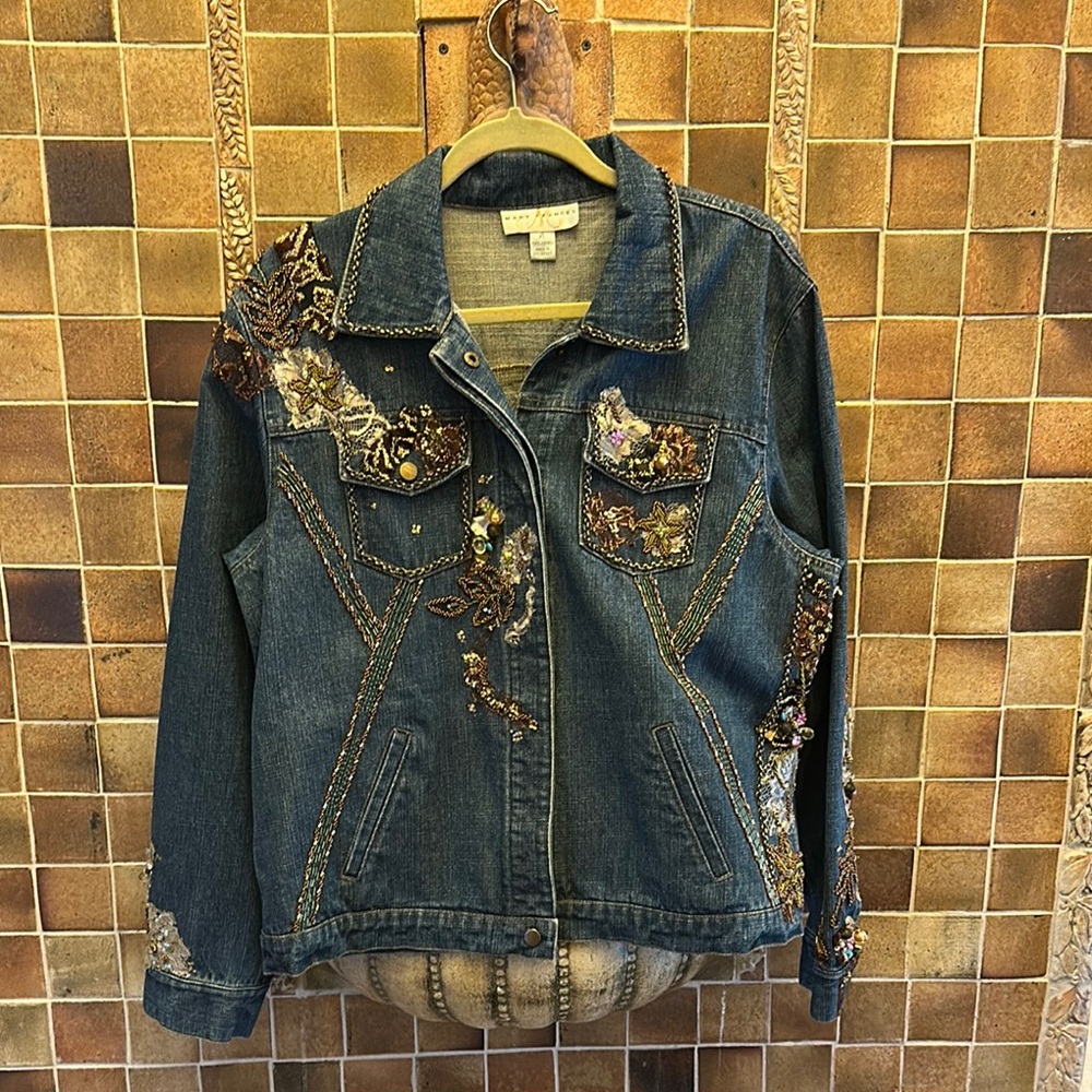 Vintage Mary Frances Lavishly Embellished and Beaded Denim Jacket XL 22" across